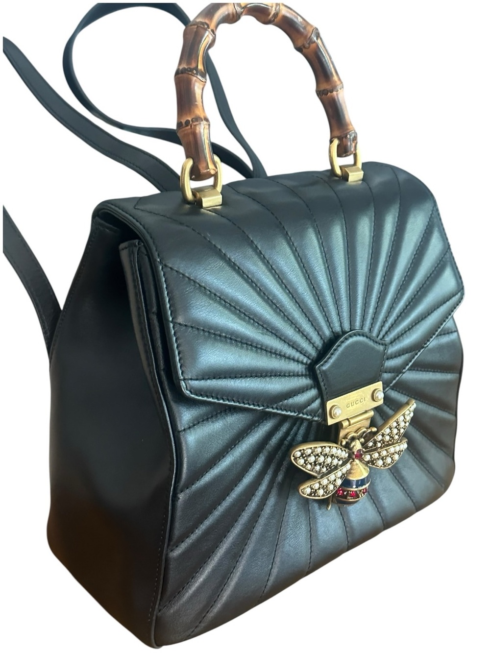 Gucci Queen Margaret Black Leather Bamboo Bee Backpack Bag Auth Entrupy - Picture 5 of 17